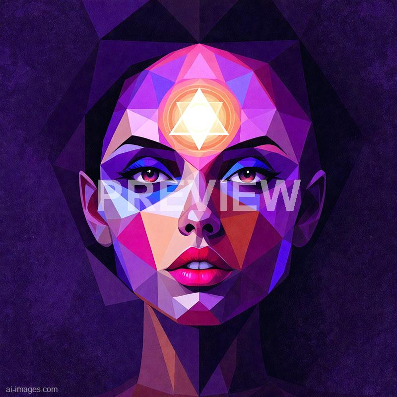 The image features a digital illustration of a woman's face rendered in a geometric, low-poly style with bold, vivid colors. Her face is composed of many triangular facets in shades of purple, pink, and blue, with striking red eyes and pink lips. A glowing geometric symbol, consisting of a triangle and a circle, appears on her forehead, emitting a radiant light that enhances the mystical and futuristic vibe. The background is a dark, textured purple, which makes the vibrant colors of the face and the glowing symbol stand out prominently.